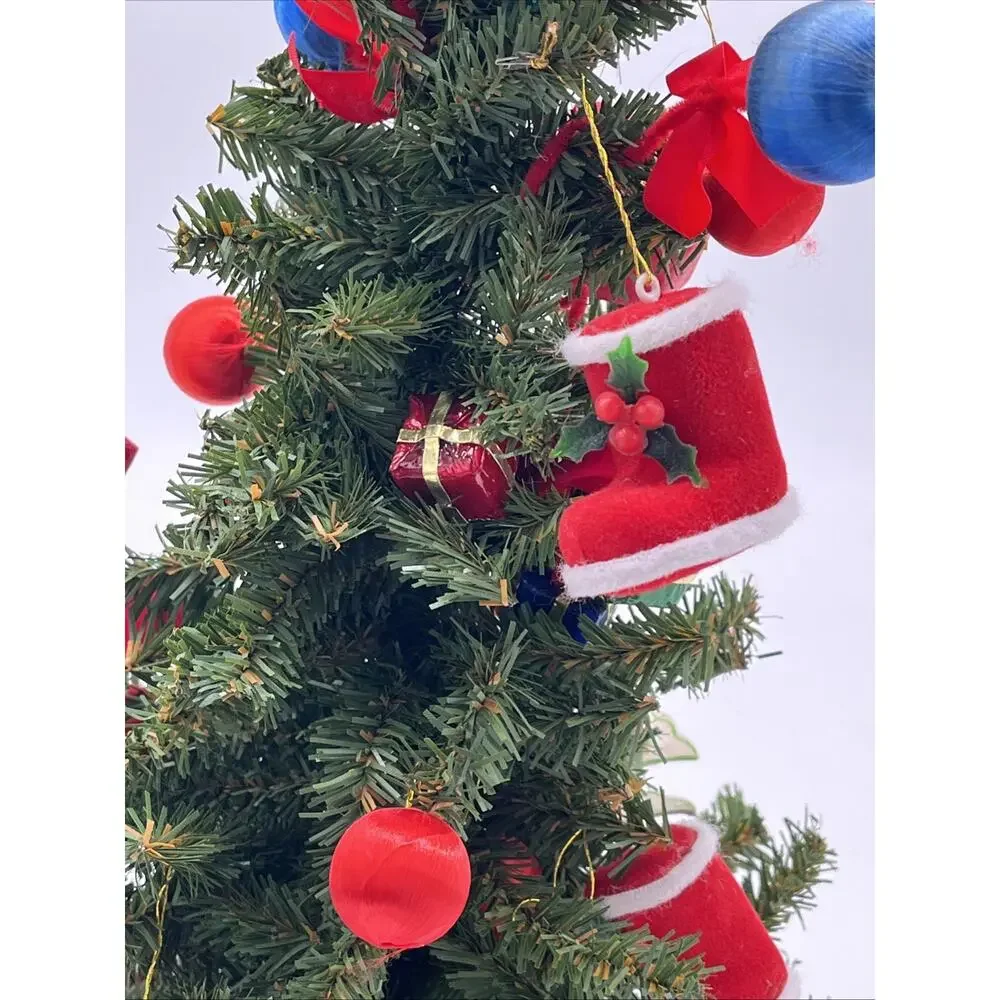 Vintage 19” Decorated Table Christmas Tree Wooden, Flocked & Folk Art Ornaments